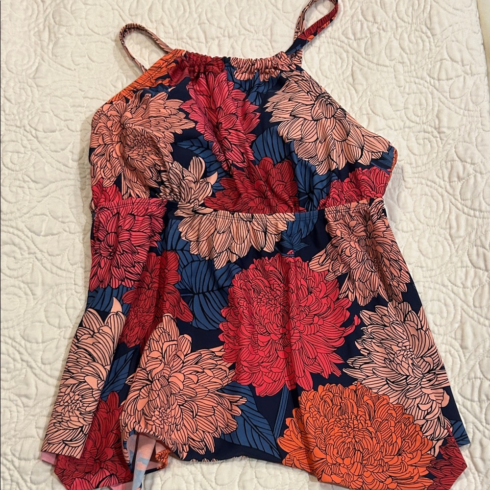 Kona Sol Floral Swim Camisole - Red and Navy
